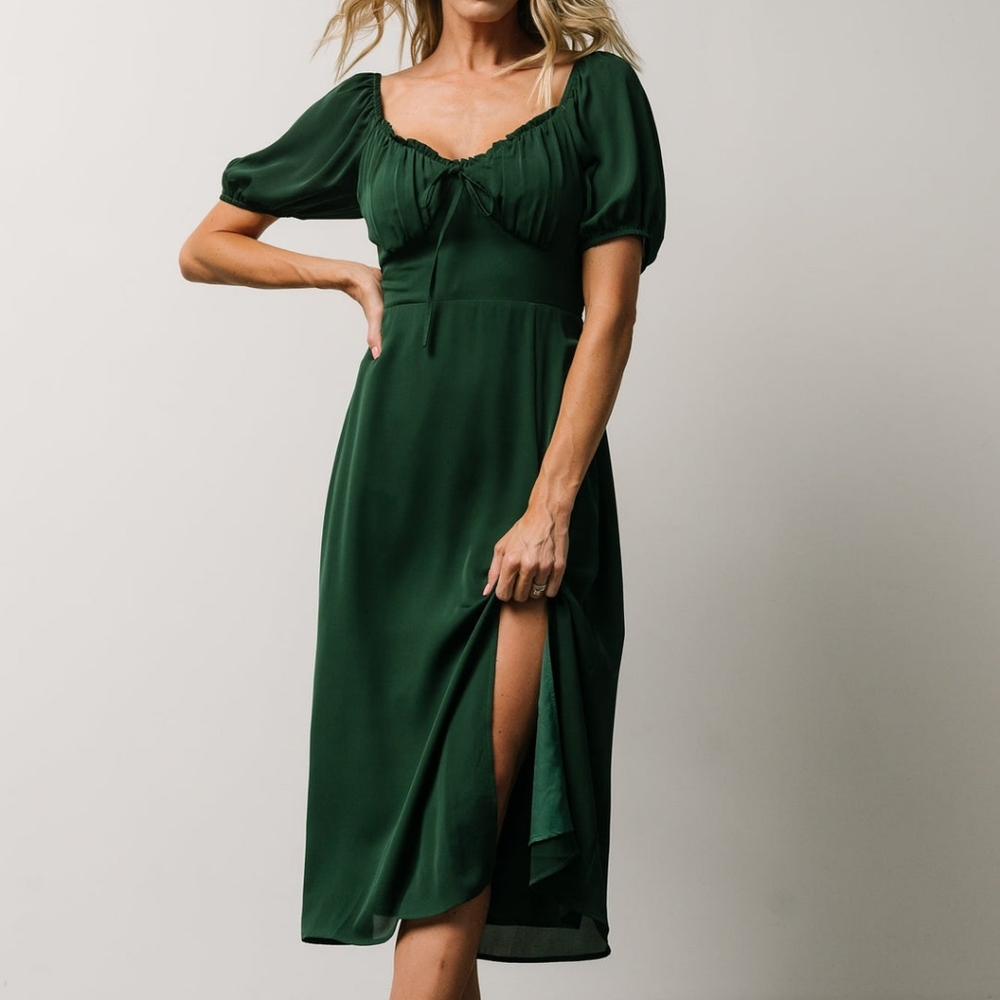Baltic Born Forest Green Midi Dress with Puff Sleeves